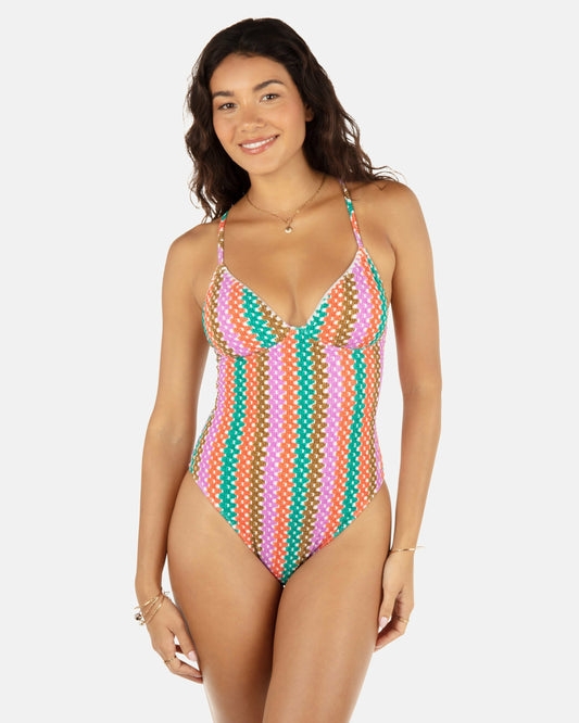 Hurley Printed Stripe Crochet Scrunch Soft Cup Moderate One Piece